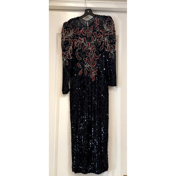 VTG 90s‎ Niteline Dress Women Sz 6 Black Silk All Sequin Floral Beaded Maxi Gown - Picture 5 of 14